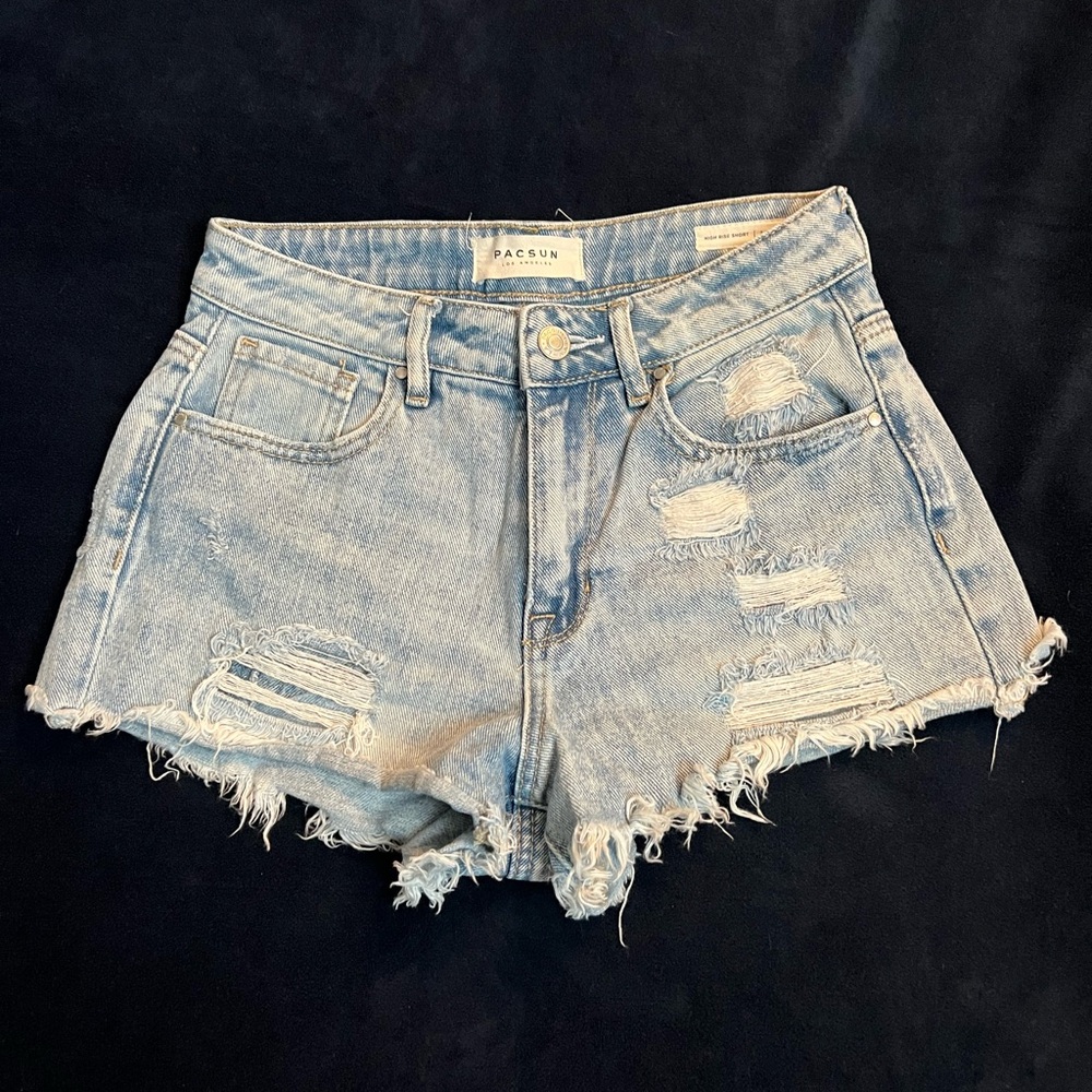PacSun Light Blue High-Rise Ripped Denim Shorts